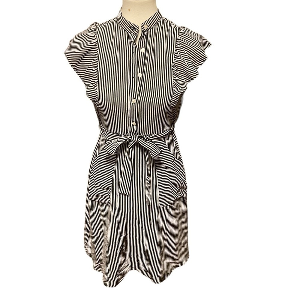 Monteau Navy Blue and White Striped Flutter Sleeve Knee Length Button Up Dress